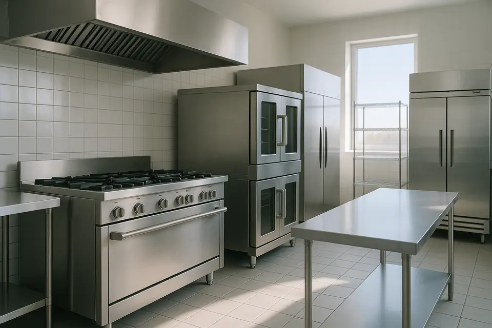 Stainless steel commercial kitchen with a range, a convection oven, and prep tables in bright daylight