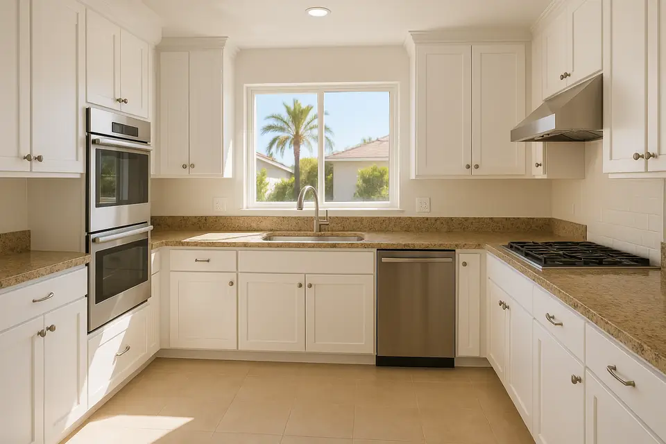 Bright kitchen with white cabinets and granite countertops