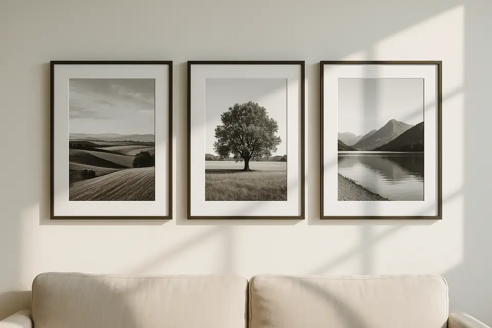 Three simply framed black and white landscape photographs on a pale wall in a sunlit room