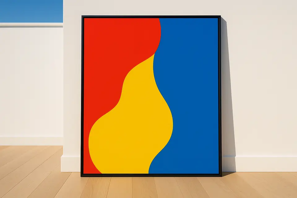 A brightly colored abstract canvas in a thin frame propped against a white gallery wall