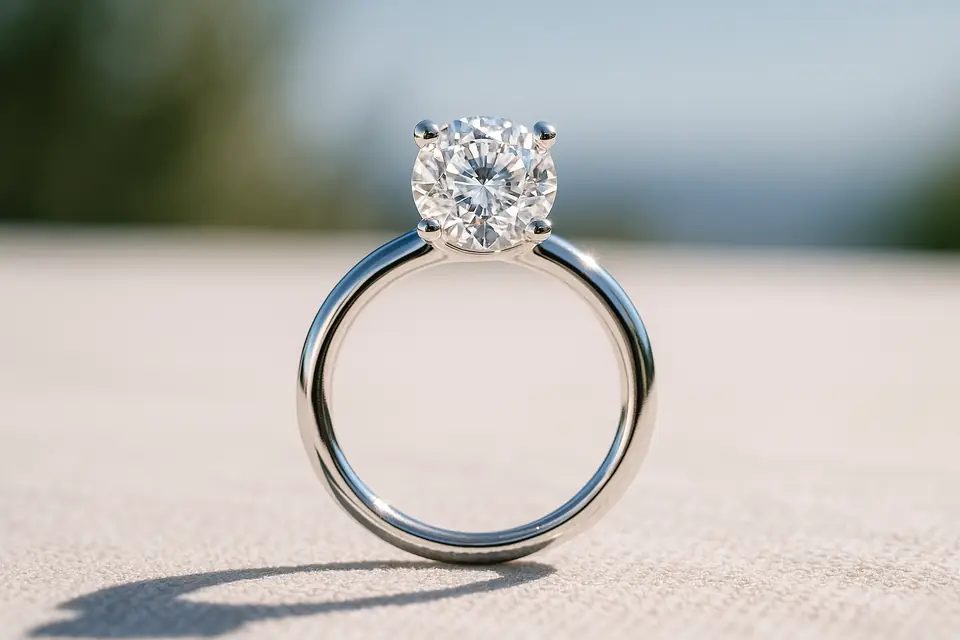 A solitaire diamond engagement ring on a pale linen surface in soft daylight