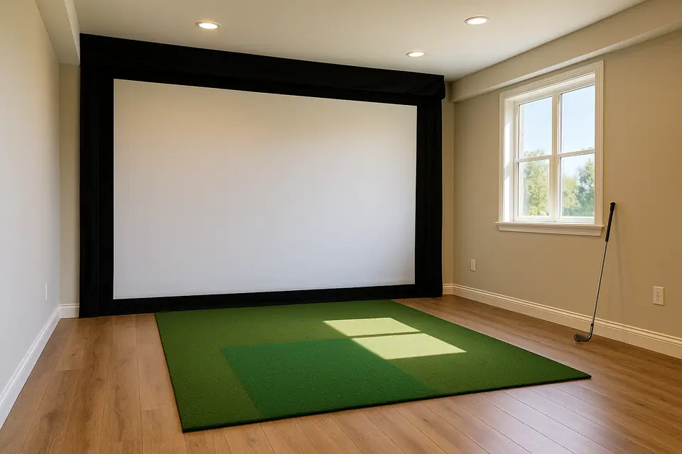 Indoor golf simulator bay with a blank projection screen and a hitting mat in a bright room