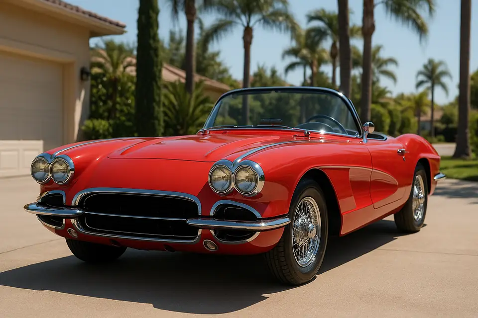 A red classic American sports car with a chrome bumper parked on a sunlit driveway