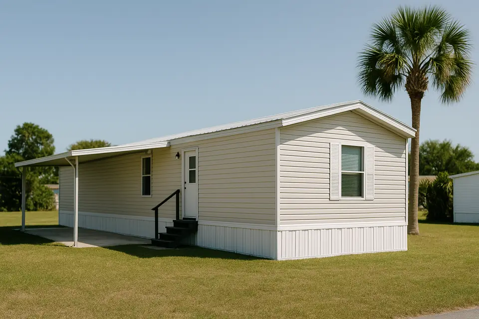 A single wide mobile home with a carport and skirting on a sunny lot