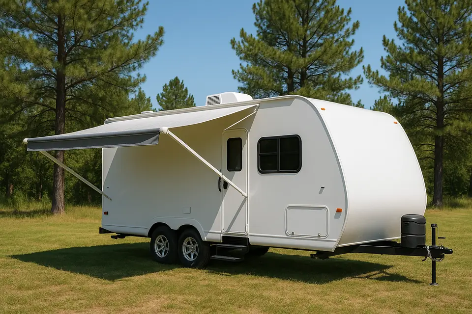 A white towable travel trailer parked on grass under bright daylight
