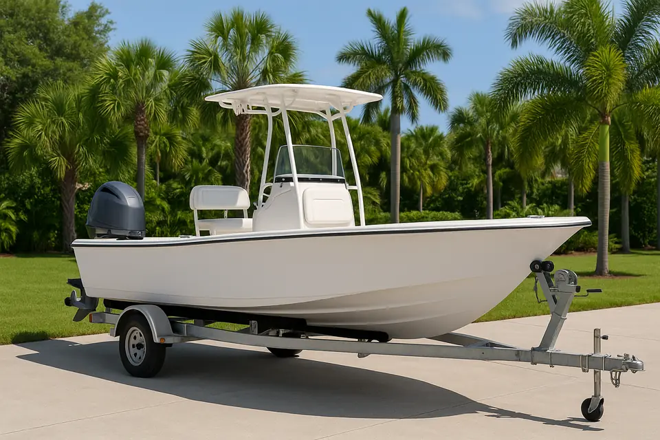 Plain white fiberglass center console powerboat on a galvanized trailer in a bright concrete driveway
