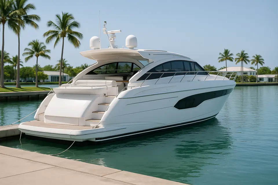 White flybridge sport motor yacht moored stern to a quay at a sunlit marina with palms behind