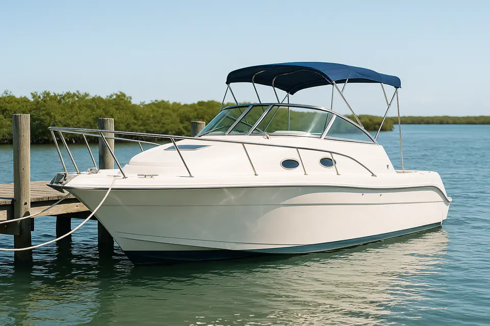 White fiberglass cabin cruiser with a navy bimini top tied alongside a weathered wooden dock in daylight