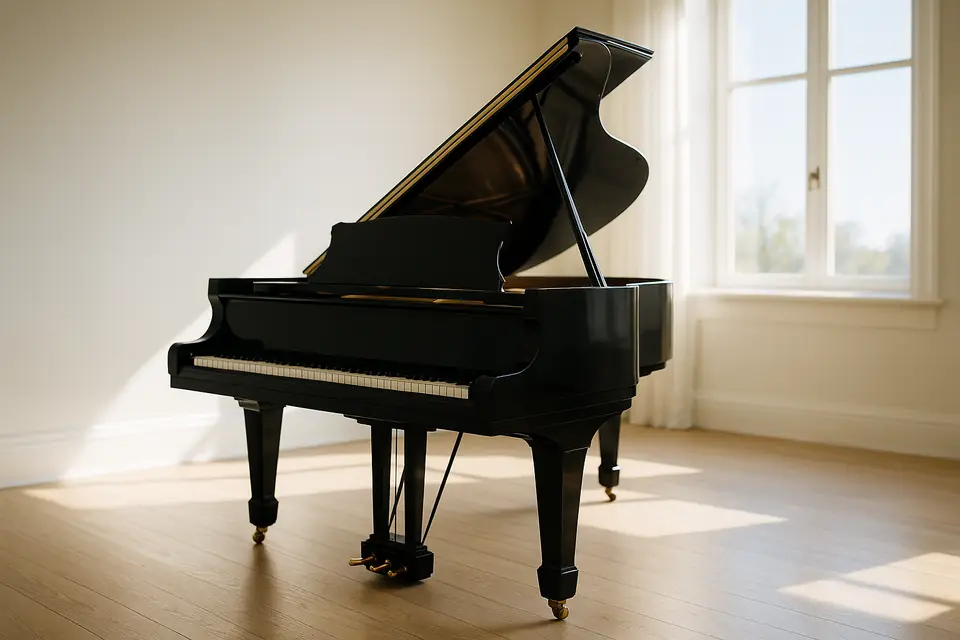 A black baby grand piano with the lid raised in a sunlit room with pale walls