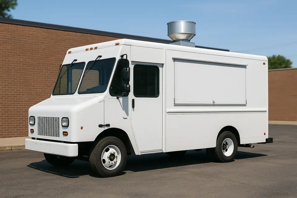 Plain white food truck with the serving window closed, parked beside a brick building