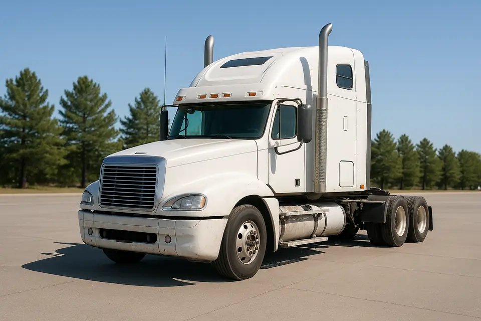 White conventional semi truck tractor with no trailer, parked on a paved lot