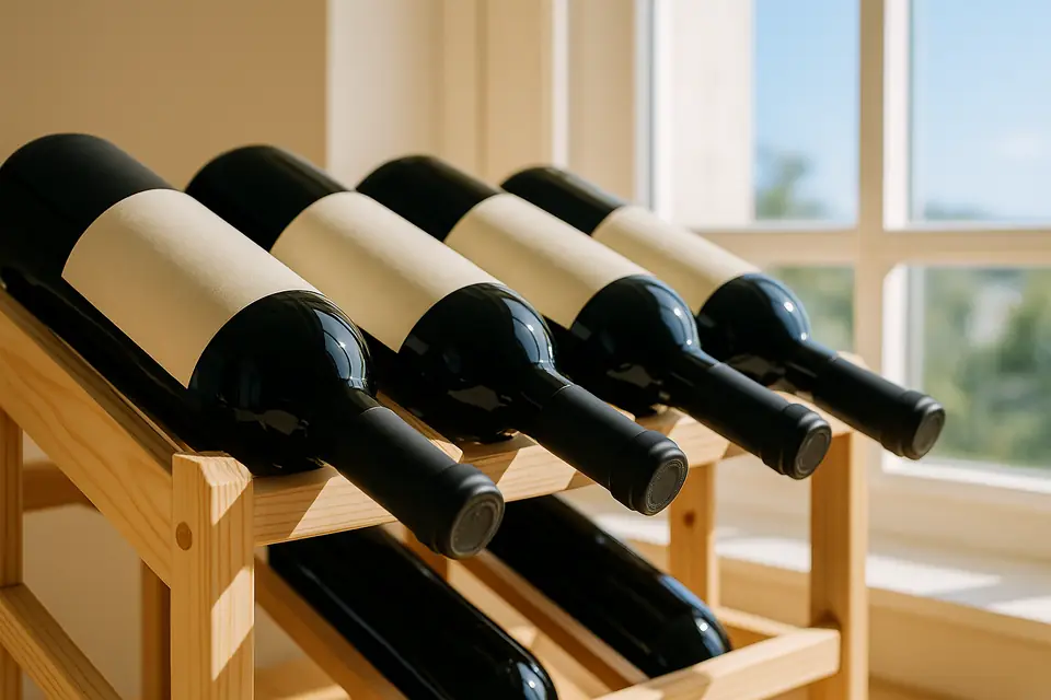 Bottles of red wine resting in a wooden rack in a bright room