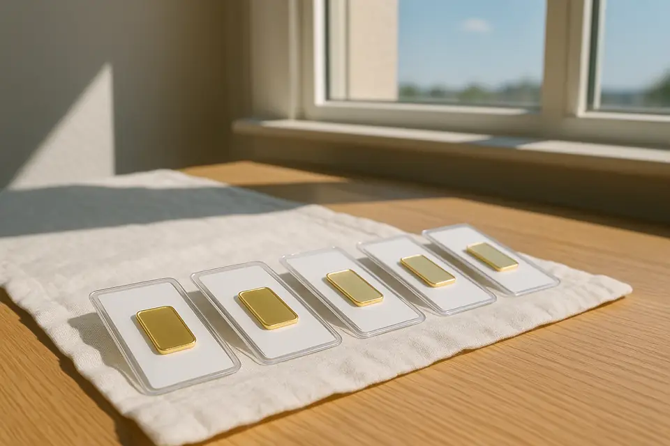 Small gold bars sealed in clear assay cards, lined up on white linen