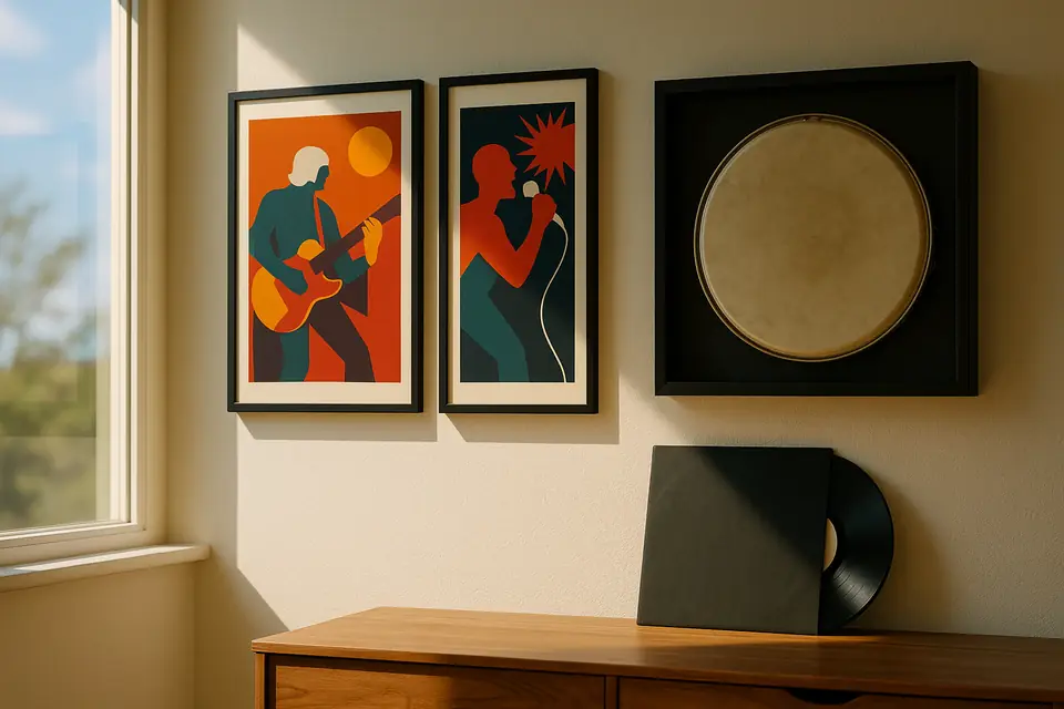 Framed concert posters, a framed drumhead, and a vinyl record in a sunlit room