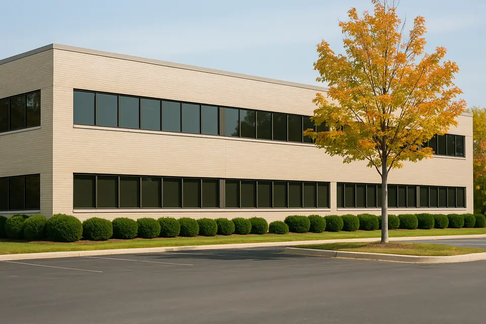 A low two story suburban office building in pale brick with long bands of windows, clipped shrubs and a maple tree beside an empty parking lot in bright daylight