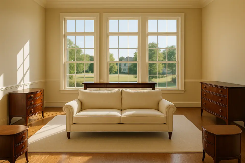 A pale upholstered sofa, a dark wood console table and a matching sideboard in a sunlit formal living room