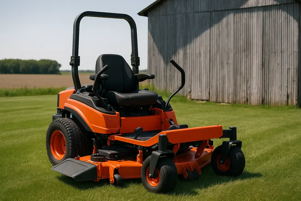 Orange and black zero turn riding mower parked on mown grass beside a farm shed