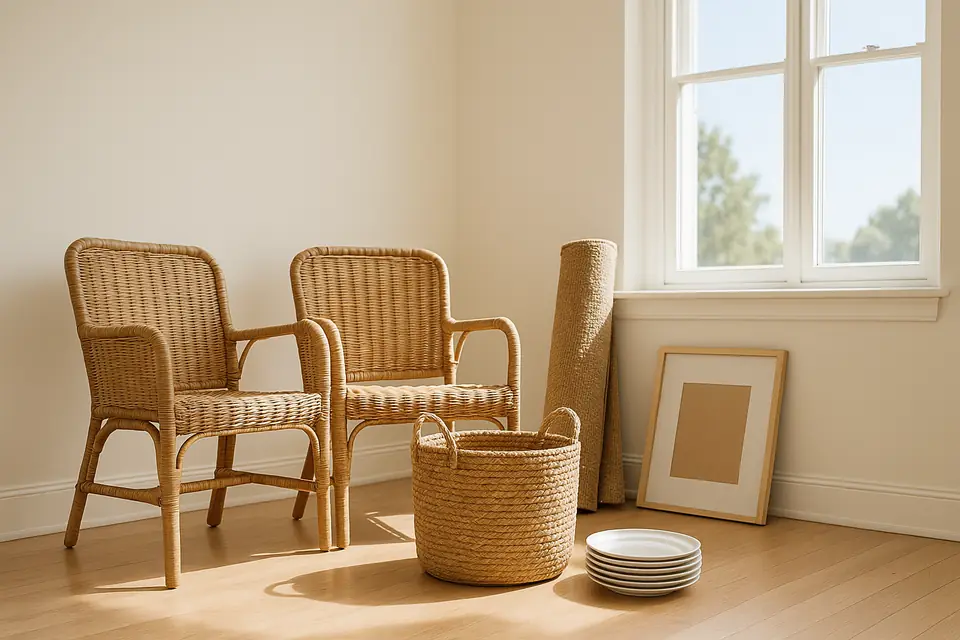 Wicker baskets, stacked white dishes, a rolled jute rug and two wicker chairs grouped in a bright empty room