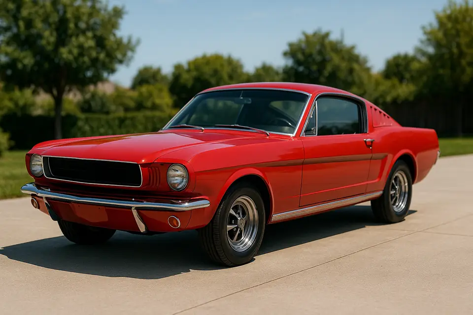 Red classic American fastback coupe with a blank grille parked on a driveway in bright daylight