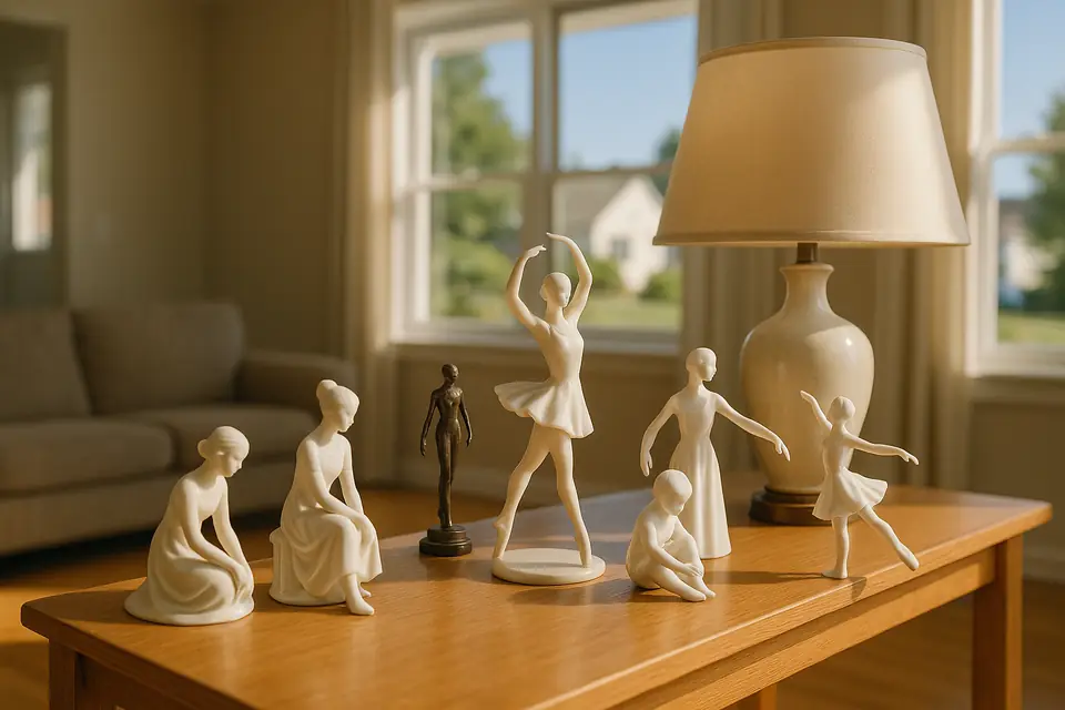 Pale porcelain figurines, a small bronze statue and a table lamp on a wooden shelf in a sunlit living room