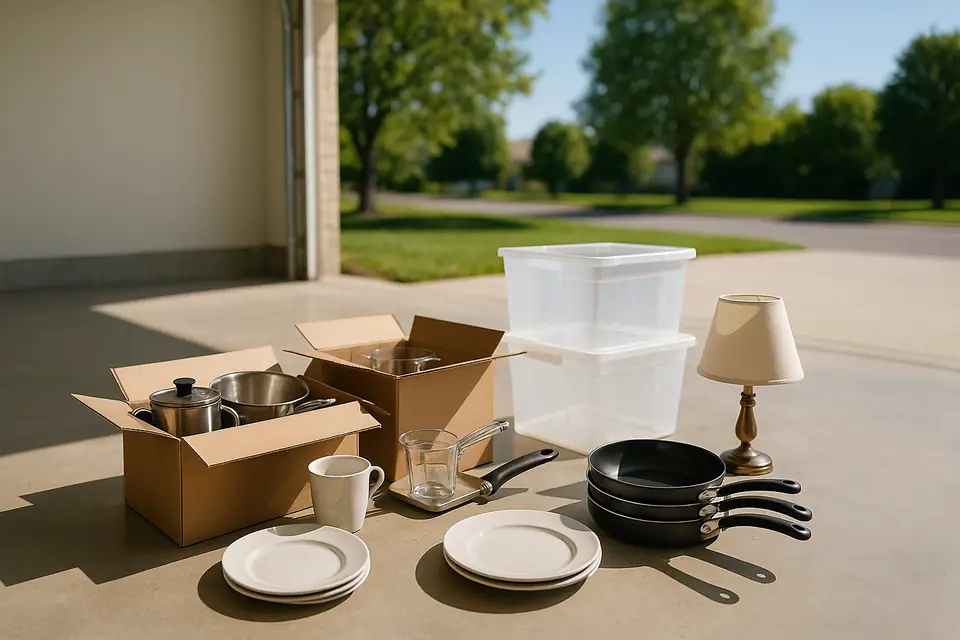 Boxed kitchenware, stacked pots and pans and plastic storage bins grouped on a garage floor in daylight