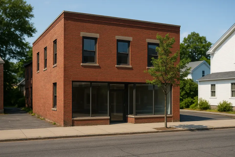 A small two story brick commercial building with plain windows on a quiet New England main street in bright daylight