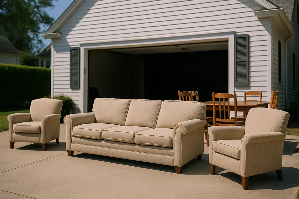 An upholstered sofa, armchairs and a wooden dining table standing on a driveway in front of an open garage