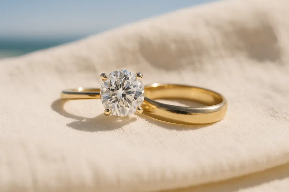 A diamond solitaire ring and a plain wedding band on a pale linen surface in soft daylight