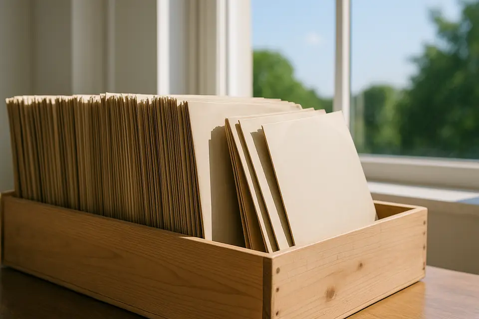 Vinyl LP records in plain paper sleeves standing upright in a wooden crate on a table beside a sunlit window