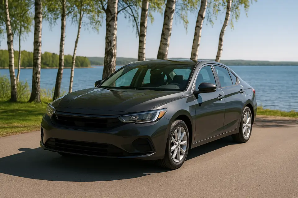 Dark gray midsize sedan parked on a driveway near a lakeshore with trees behind it