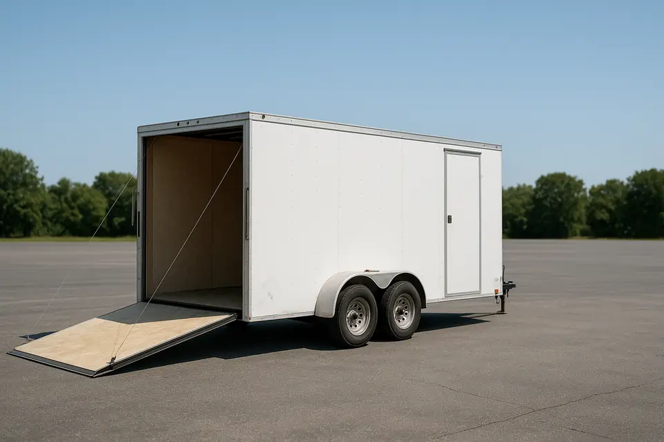 A white enclosed cargo trailer parked on a paved lot on a bright day