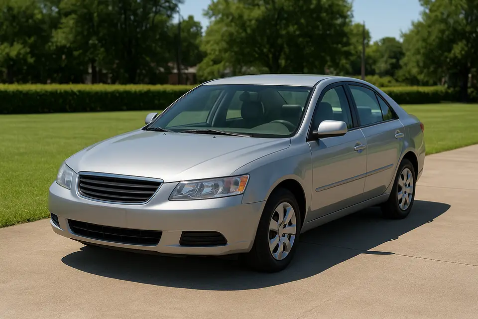 Ordinary silver four door sedan parked on a plain concrete driveway in front of a mown lawn in bright sun