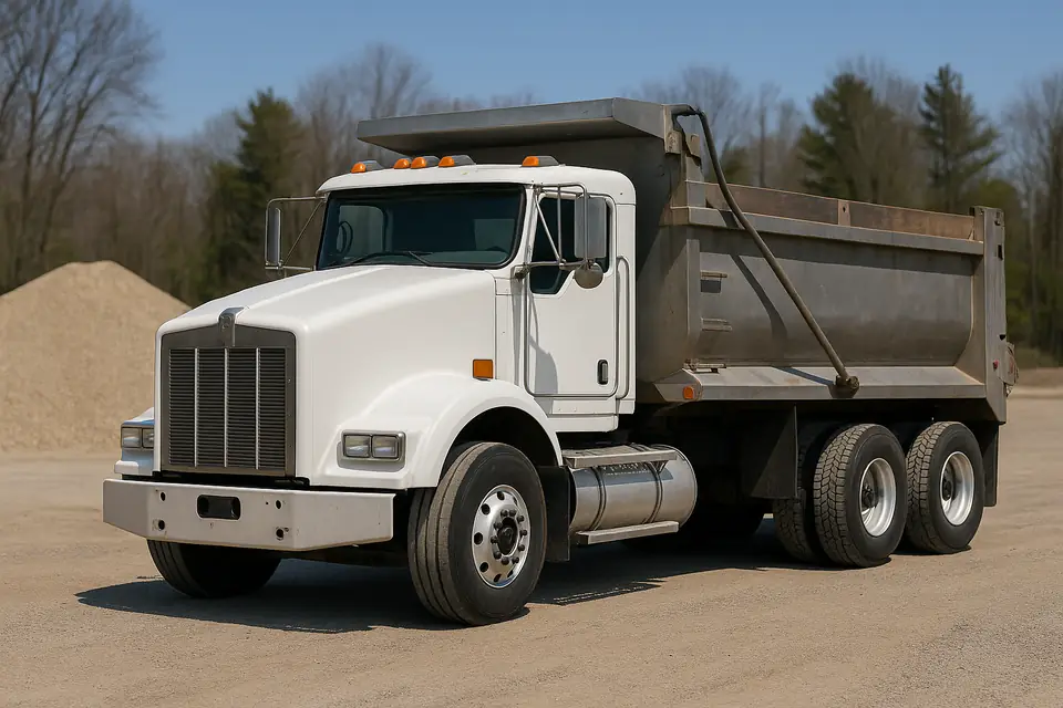 A white tandem axle dump truck with a raised steel bed parked on a gravel yard in bright daylight