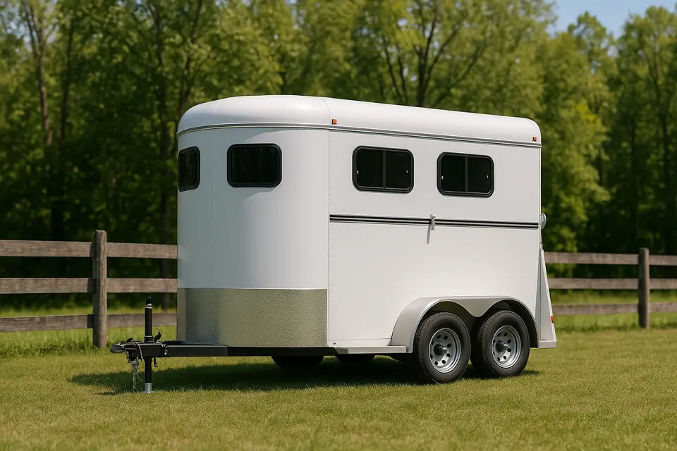 A white aluminum two horse bumper pull trailer parked on grass beside a wooden fence