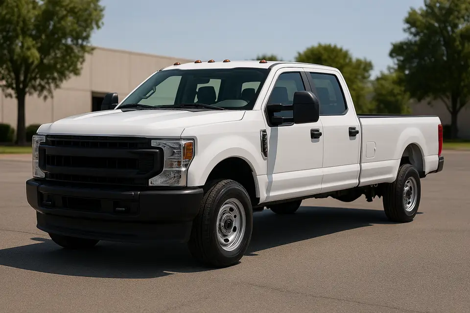 A white crew cab heavy duty pickup truck on a paved dealership lot under a clear sky