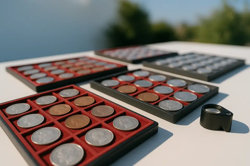 Felt lined collector trays of assorted silver and copper coins laid out beside a loupe in daylight