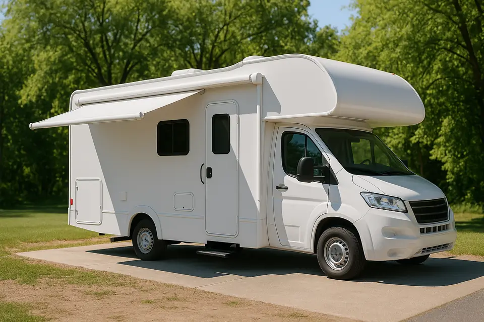 Compact white Class C motorhome with its awning out on a paved campground pad