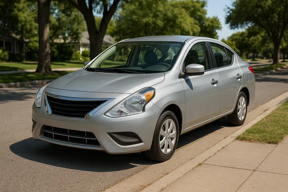 Silver compact sedan parked at the kerb on a tree lined suburban street