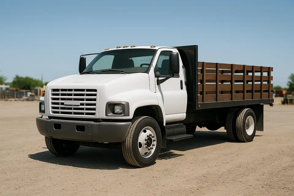 White medium duty cab and chassis truck with a wooden stake bed on a gravel yard