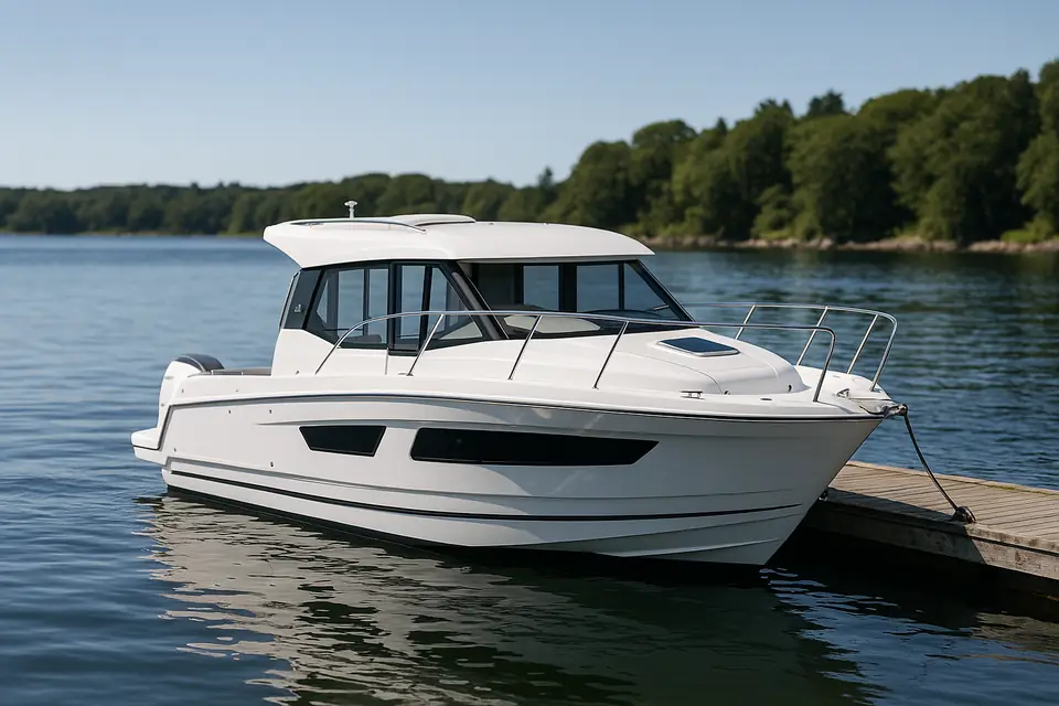 A white outboard powered cabin cruiser with a hardtop moored alongside a wooden dock under a clear sky