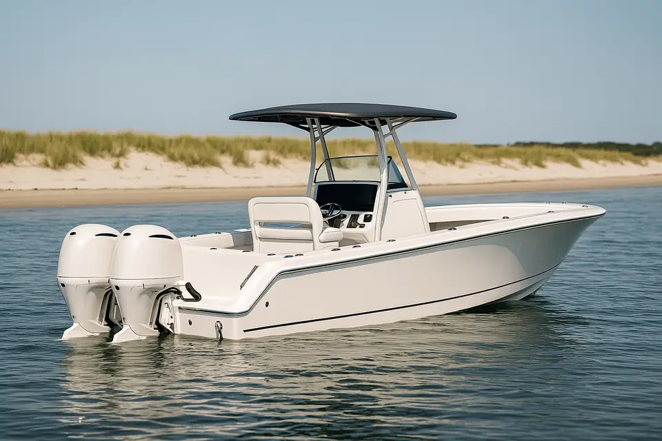 A white center console boat with a dark T top canopy and twin outboard engines on calm water in bright daylight