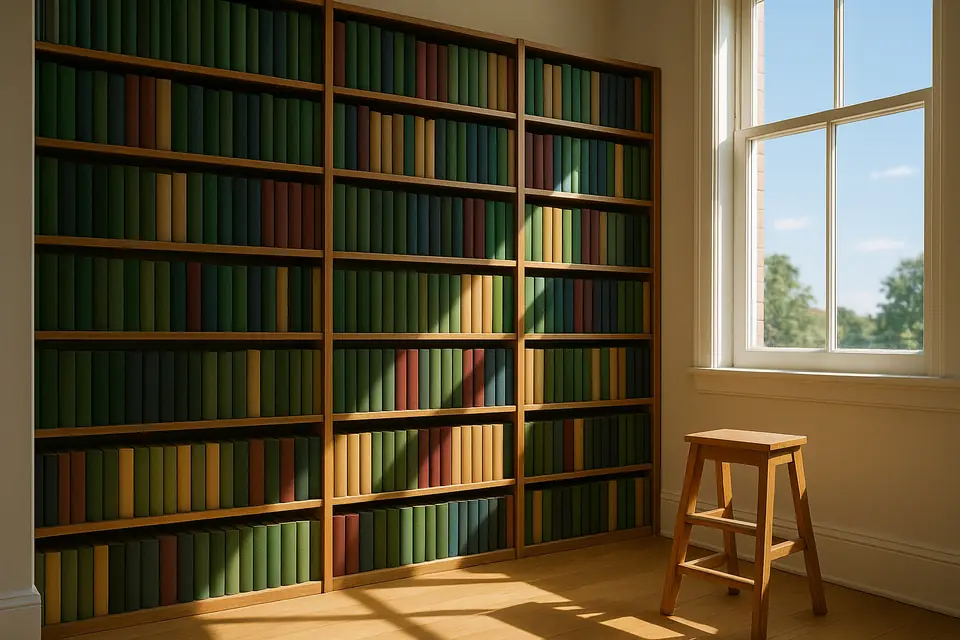 Tall wooden shelves filled with hardcover books with plain unmarked spines in a bright room