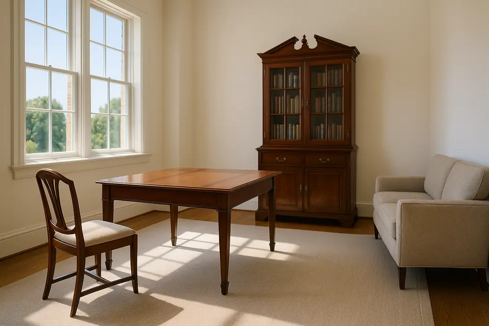 A mahogany writing desk, a secretary bookcase, a small couch and two guest chairs in a bright office with tall windows