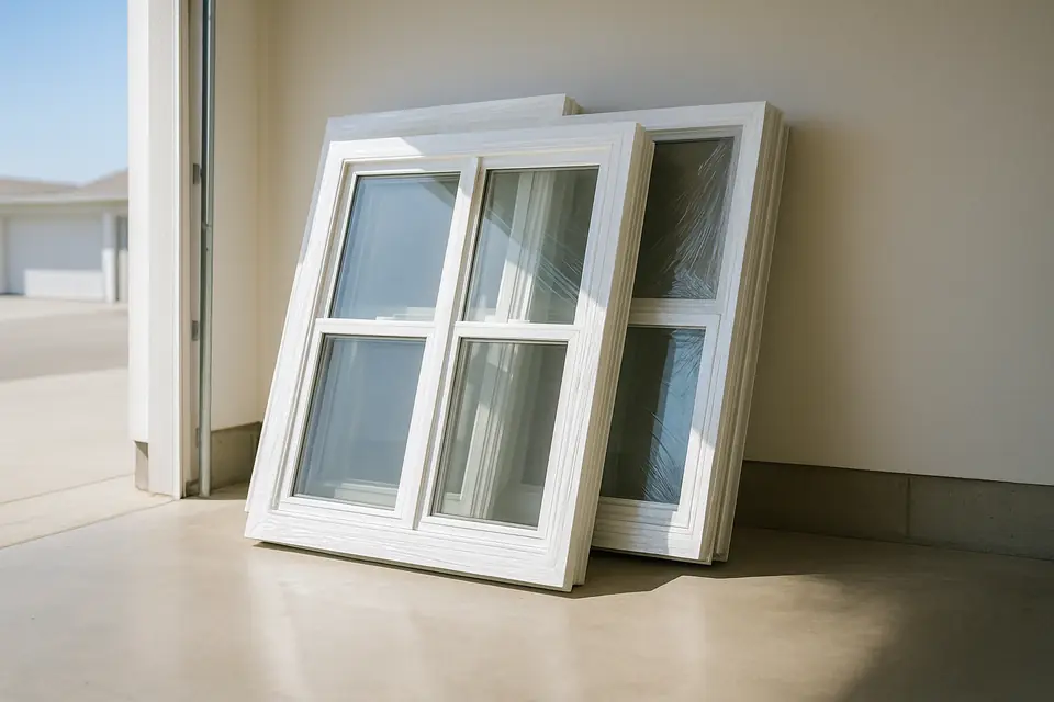 New white framed replacement windows still wrapped and stacked against a wall in a bright garage