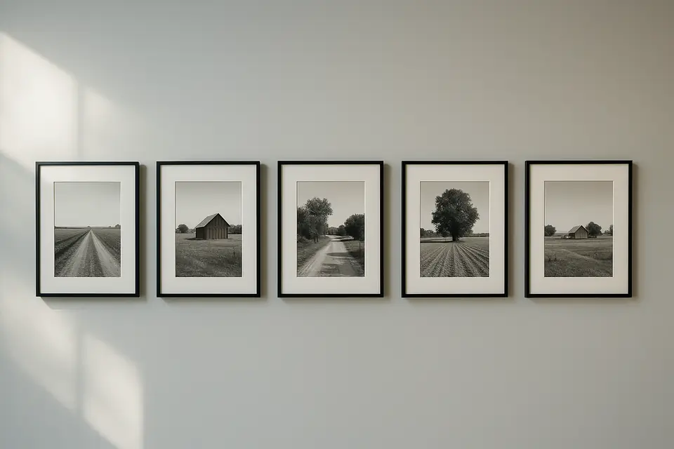 Framed black and white documentary photographs hanging in a row on a pale gallery wall in daylight