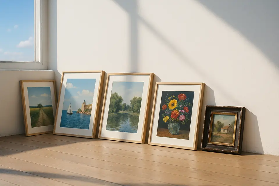 Several framed colour prints and a small painting leaning against a bright studio wall