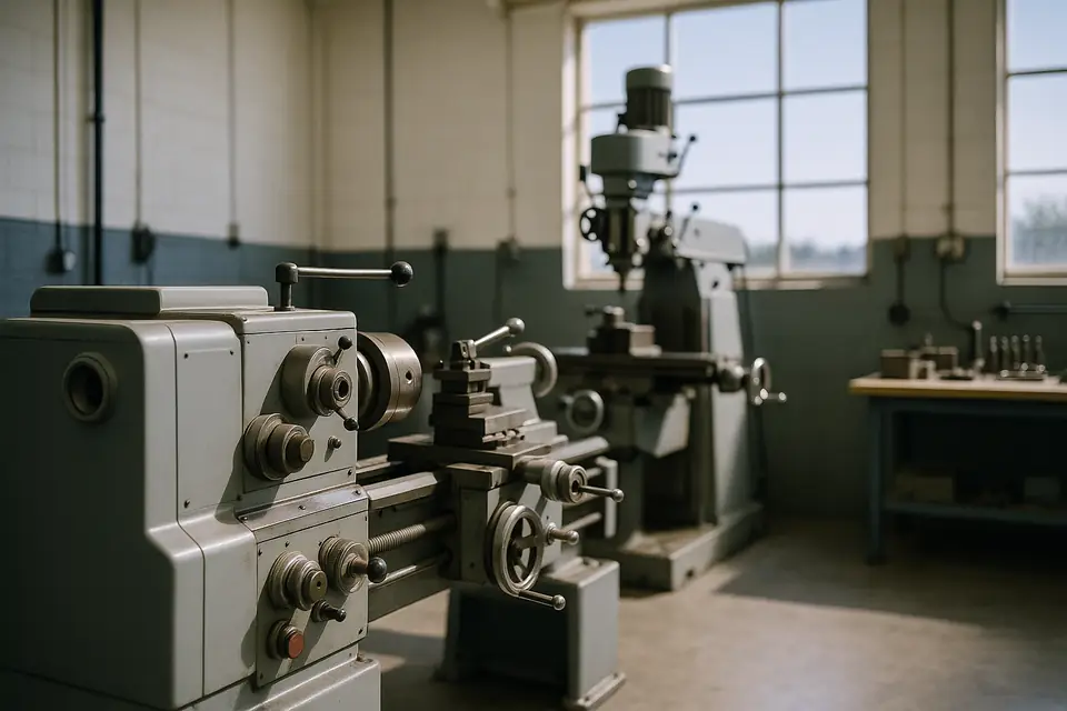 Metalworking lathe and milling machine in a small daylit workshop