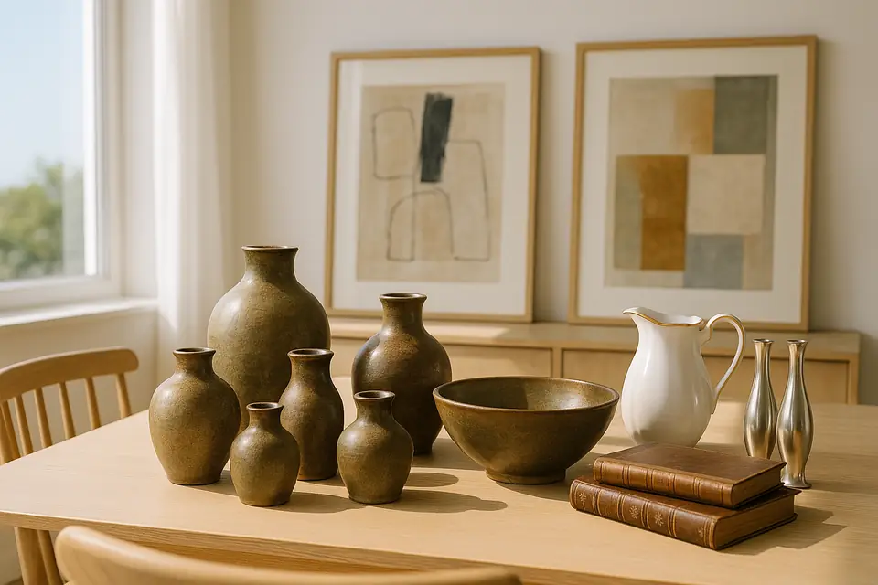 Hand-thrown stoneware vases, a porcelain pitcher, silver vases, and leather-bound books on a dining table beside framed paintings
