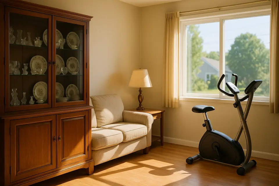 Sunlit living room with a wooden china cabinet of crystal and patterned dishes, a sofa, and an exercise bike by the window