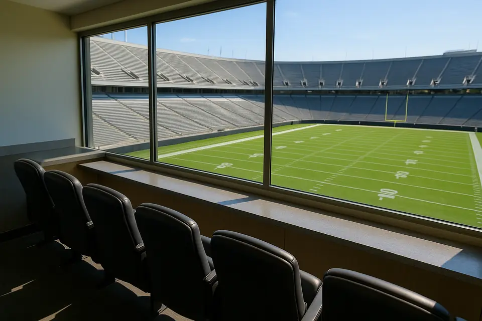 Empty stadium suite with padded seats looking out over a green football field on a sunny afternoon